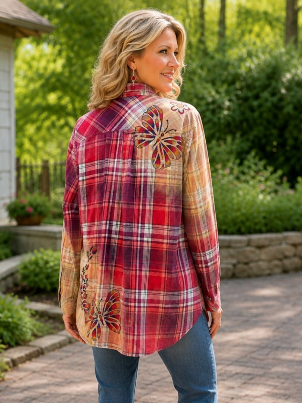 Upcycled Hand Painted Butterflies Flowers Flannel Shirt - Bleached Pink Red XL